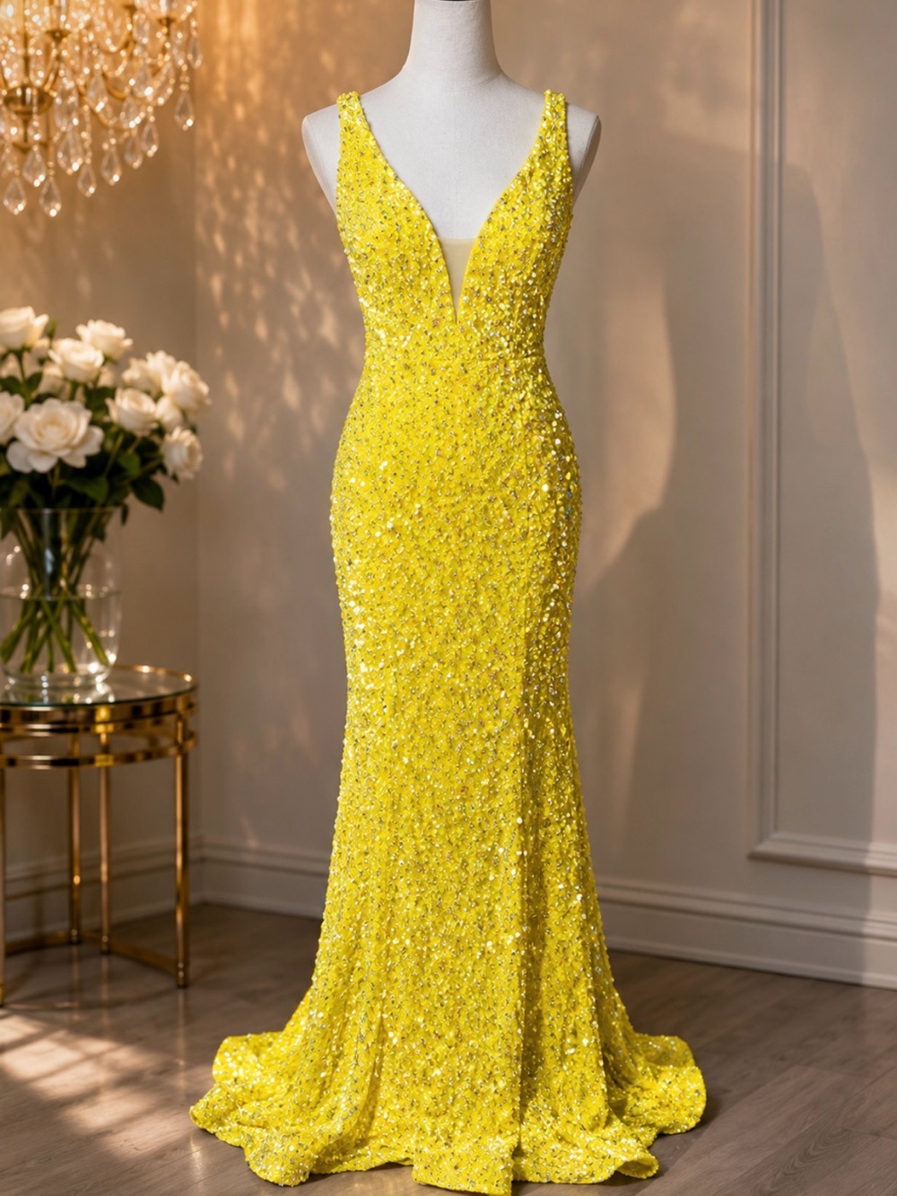 Witness of Love Evening Gown Size 14 Yellow Fully Beaded Sequin V-Neck Formal